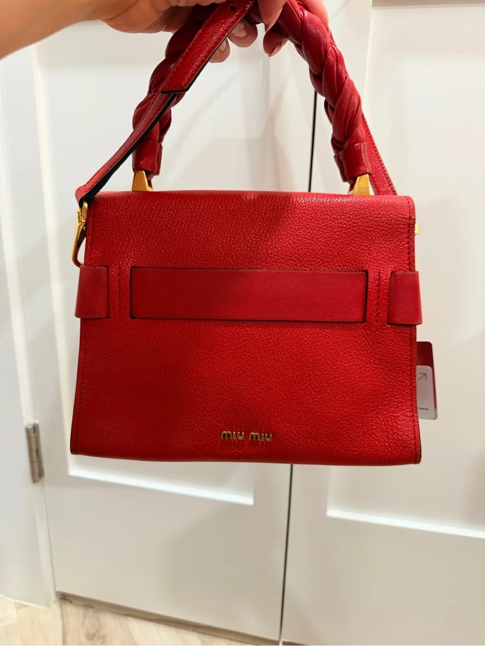 Miu Miu Madras Click Red Goatskin Braided Top Handle Crossbody Satchel Bag